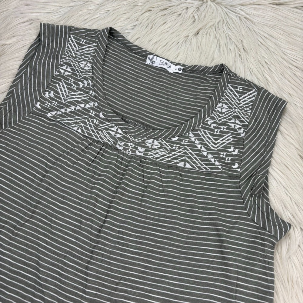 Carve Designs Women's M Olive Striped Shift T-Shirt Dress Embroidered Boho Beach - Picture 2 of 5